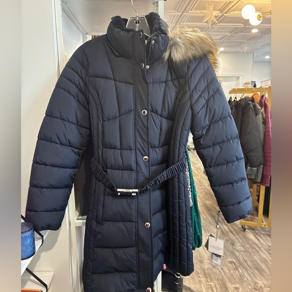 Laundry by Shelli Segal Design Womens Hooded Zip Belted Pretoria Navy Coat M NWT